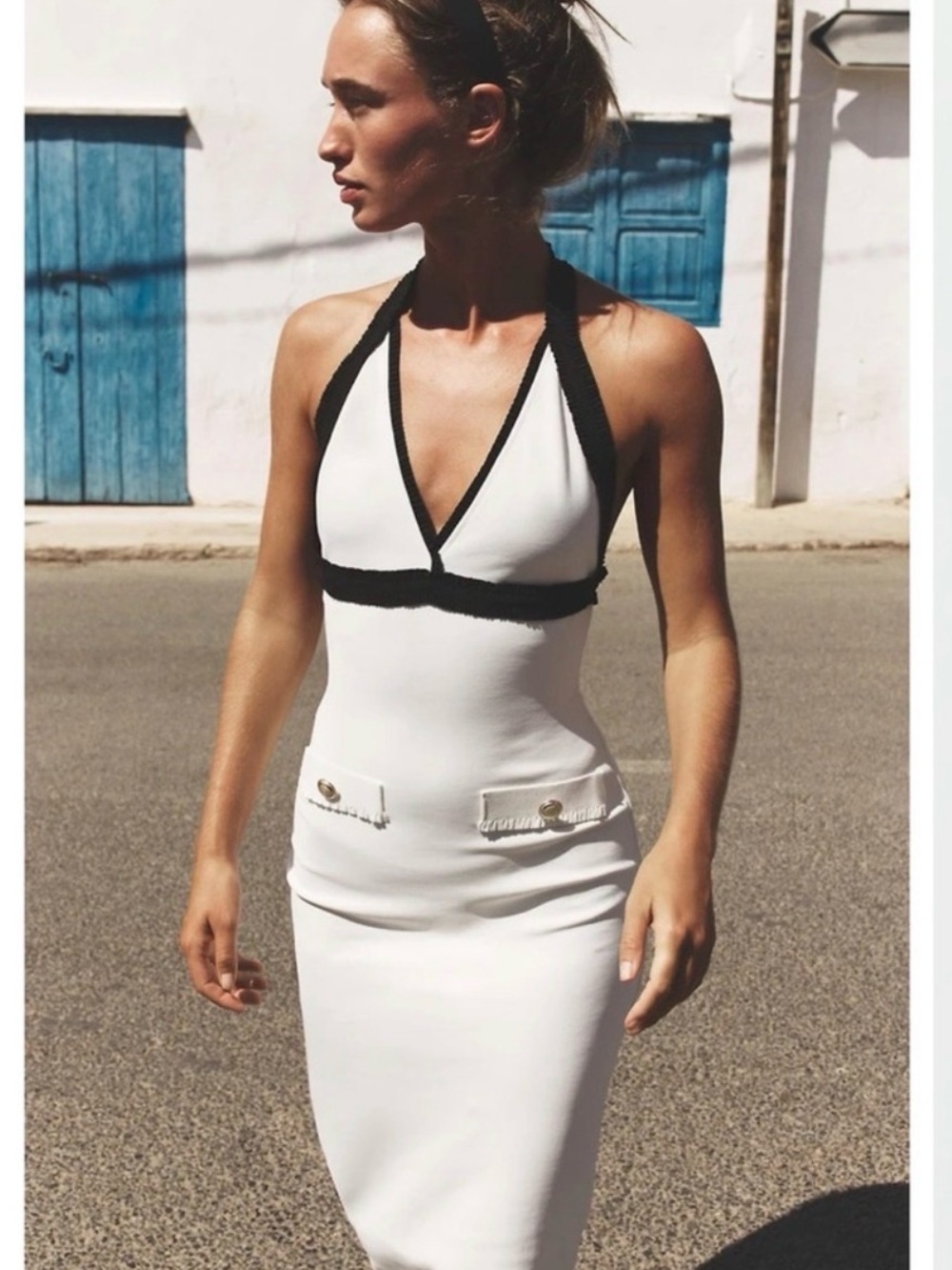 Zara White Midi Halter Dress with Black Trim
